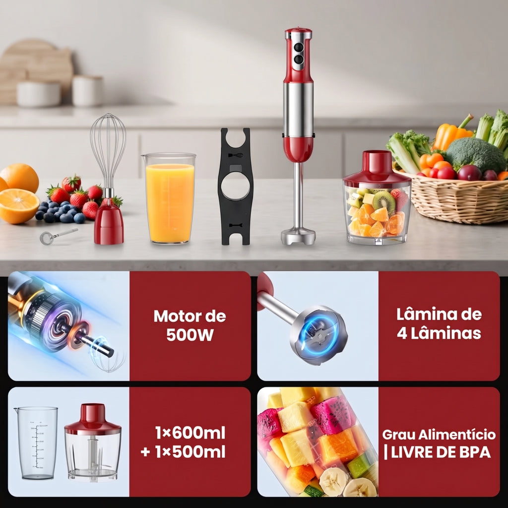 Liquidificador de Mão Multifuncional 8 em 1 Bivolt Com 15 Velocidades + BRINDE: Kit 3 Tábuas de Corte - COMPRE 1 LEVE 2