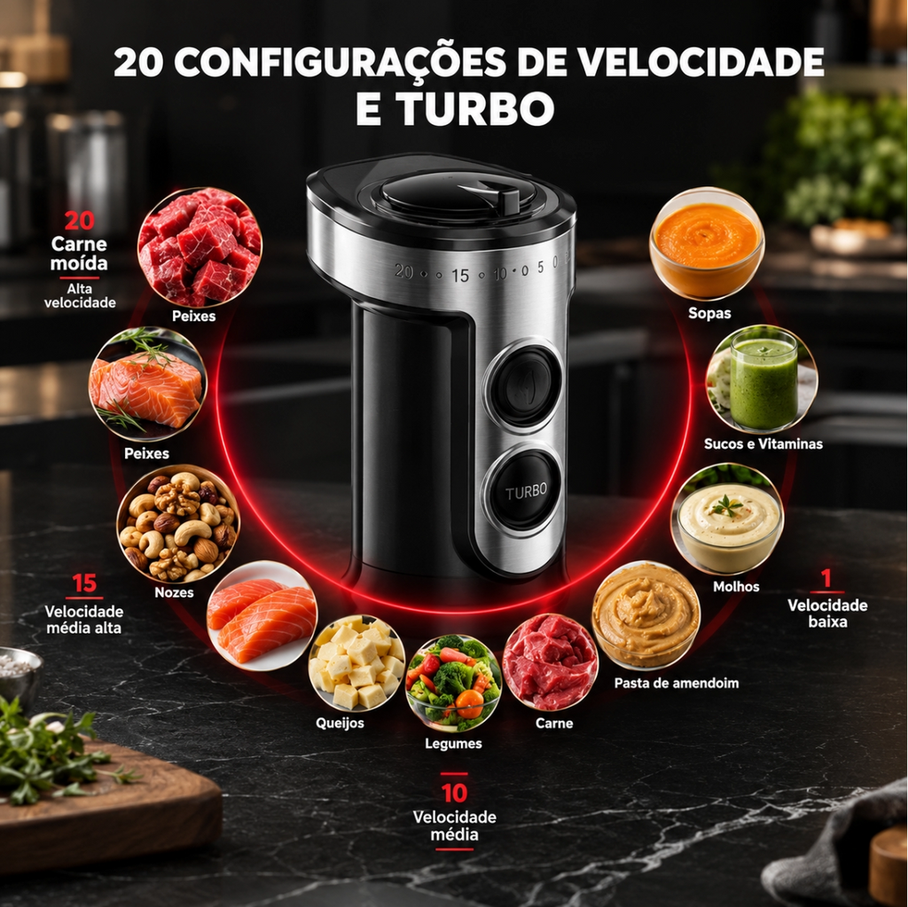Liquidificador de Mão Multifuncional 8 em 1 Bivolt Com 15 Velocidades + BRINDE: Kit 3 Tábuas de Corte - COMPRE 1 LEVE 2