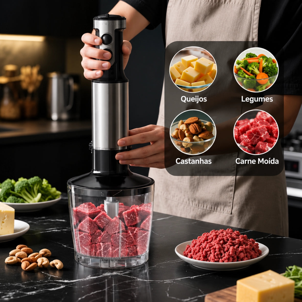 Liquidificador de Mão Multifuncional 8 em 1 Bivolt Com 15 Velocidades + BRINDE: Kit 3 Tábuas de Corte - COMPRE 1 LEVE 2