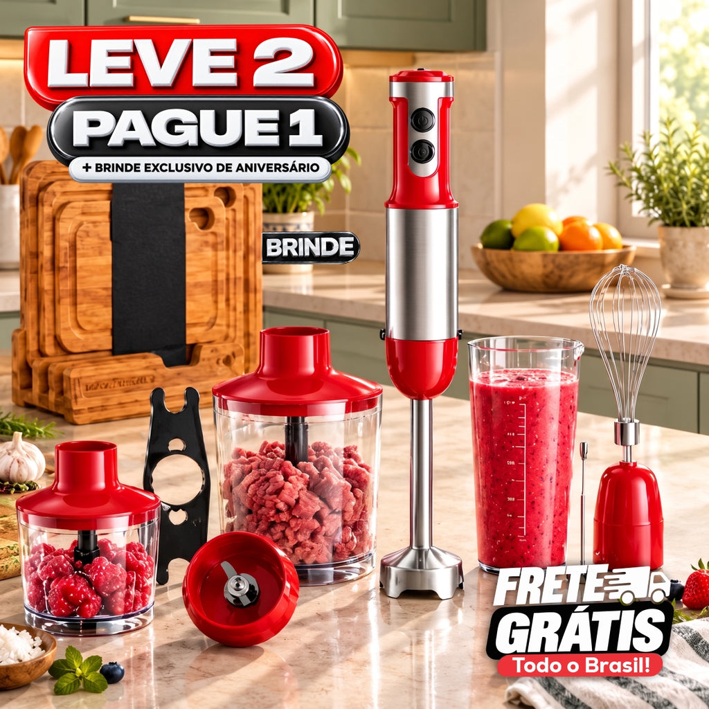 Liquidificador de Mão Multifuncional 8 em 1 Bivolt Com 15 Velocidades + BRINDE: Kit 3 Tábuas de Corte - COMPRE 1 LEVE 2